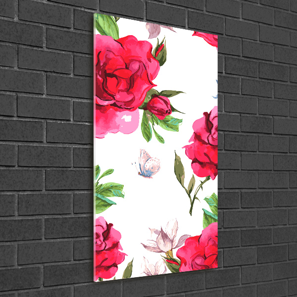 Cuadro de cristal moderno efecto brillo vertical rosas rojas