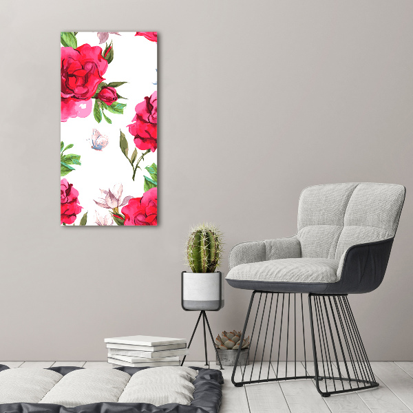 Cuadro de cristal moderno efecto brillo vertical rosas rojas