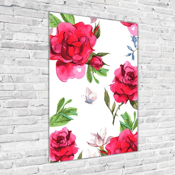 Cuadro de cristal moderno efecto brillo vertical rosas rojas