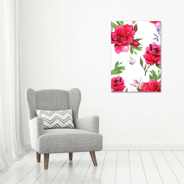 Cuadro de cristal moderno efecto brillo vertical rosas rojas