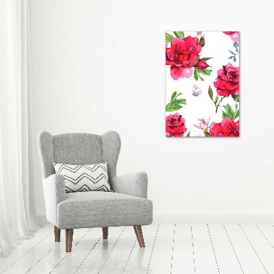 Cuadro de cristal moderno efecto brillo vertical rosas rojas