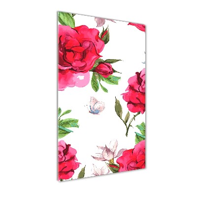 Cuadro de cristal moderno efecto brillo vertical rosas rojas