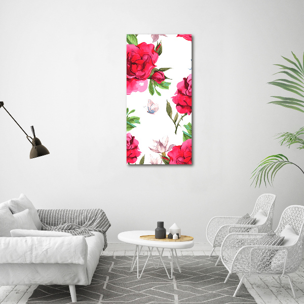 Cuadro de cristal moderno efecto brillo vertical rosas rojas