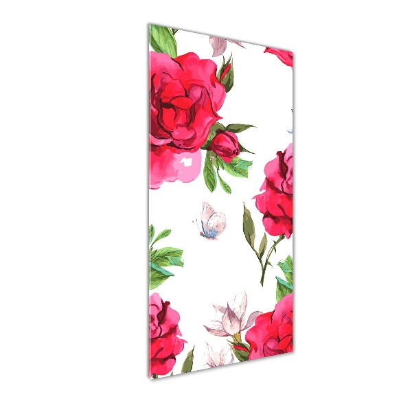 Cuadro de cristal moderno efecto brillo vertical rosas rojas
