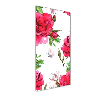 Cuadro de cristal moderno efecto brillo vertical rosas rojas
