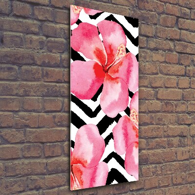 Cuadro decorativo en cristal con canto pulido vertical flores hawaianas