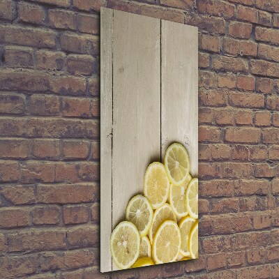 Cuadro de cristal moderno efecto brillo vertical Limones en madera