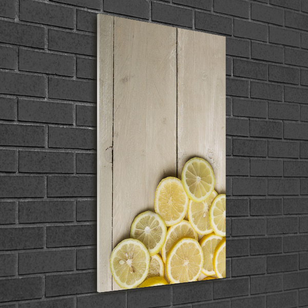 Cuadro de cristal moderno efecto brillo vertical Limones en madera