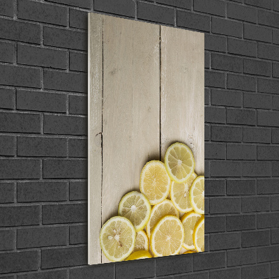 Cuadro de cristal moderno efecto brillo vertical Limones en madera