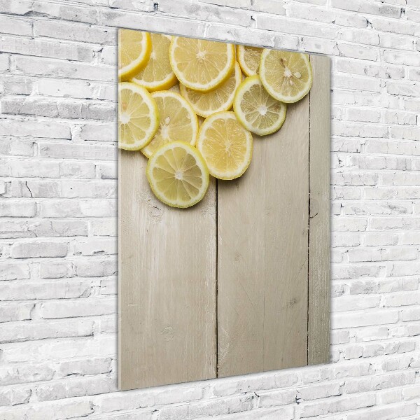 Cuadro de cristal moderno efecto brillo vertical Limones en madera