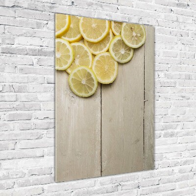 Cuadro de cristal moderno efecto brillo vertical Limones en madera