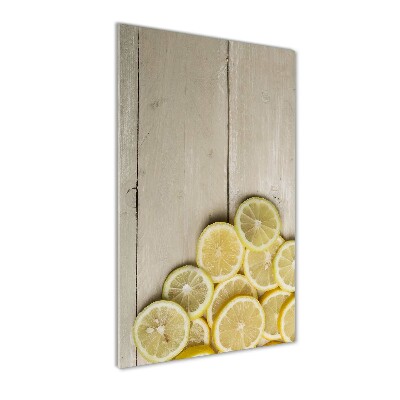 Cuadro de cristal moderno efecto brillo vertical Limones en madera