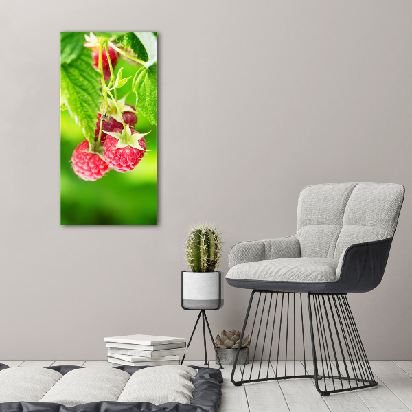 Fotocuadro de cristal elegante para hogar vertical Frambuesas en el arbusto