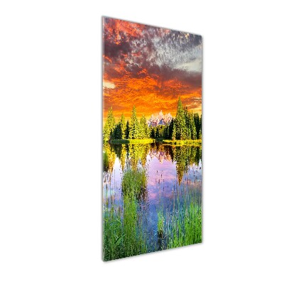 Cuadro decorativo en cristal con canto pulido vertical Lago en el bosque