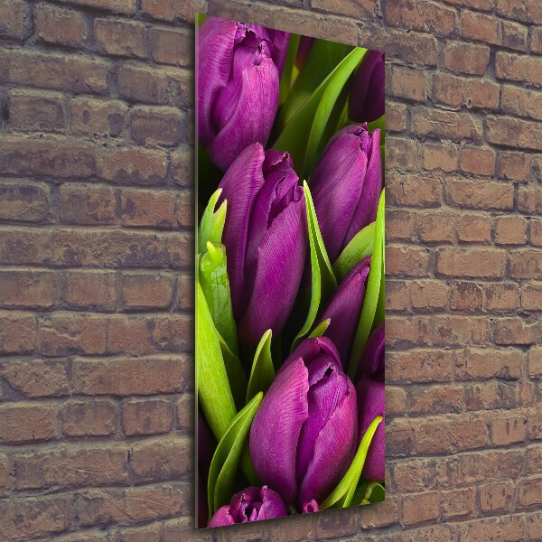 Cuadro decorativo en cristal con canto pulido vertical tulipanes morados