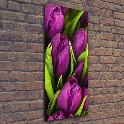 Cuadro decorativo en cristal con canto pulido vertical tulipanes morados