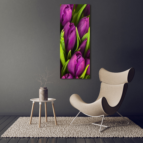 Cuadro decorativo en cristal con canto pulido vertical tulipanes morados