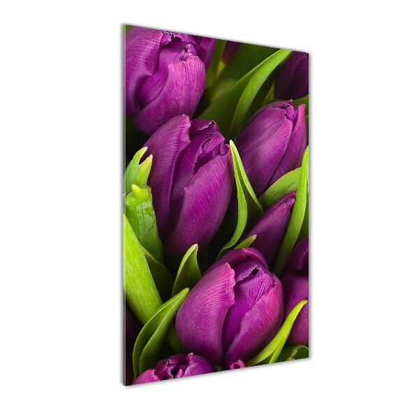 Cuadro decorativo en cristal con canto pulido vertical tulipanes morados