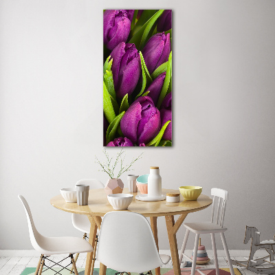 Cuadro decorativo en cristal con canto pulido vertical tulipanes morados
