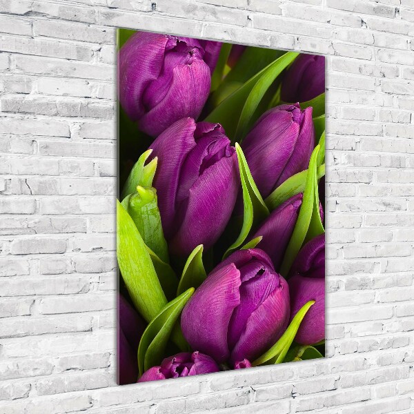 Cuadro decorativo en cristal con canto pulido vertical tulipanes morados