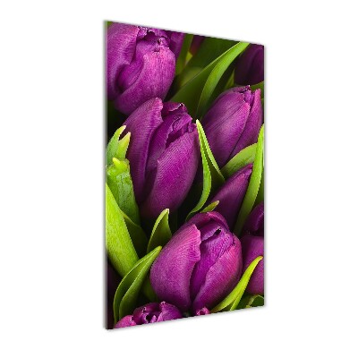 Cuadro decorativo en cristal con canto pulido vertical tulipanes morados