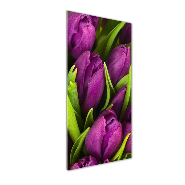 Cuadro decorativo en cristal con canto pulido vertical tulipanes morados