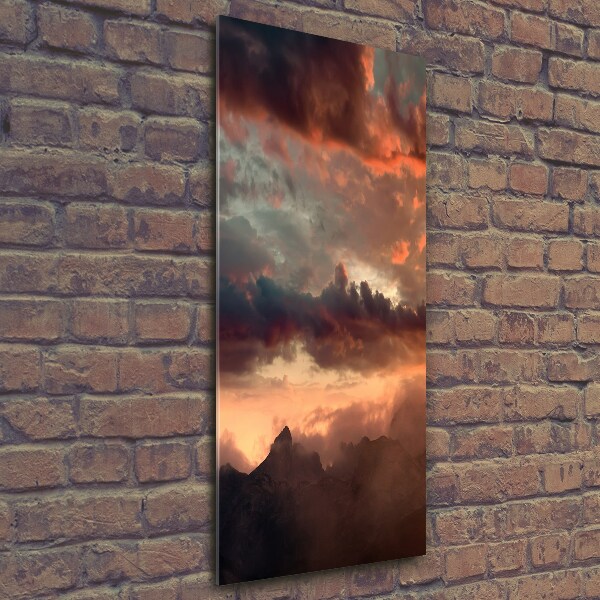 Cuadro decorativo en cristal con canto pulido vertical Puesta de sol sobre las montañas