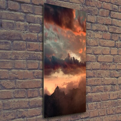 Cuadro decorativo en cristal con canto pulido vertical Puesta de sol sobre las montañas