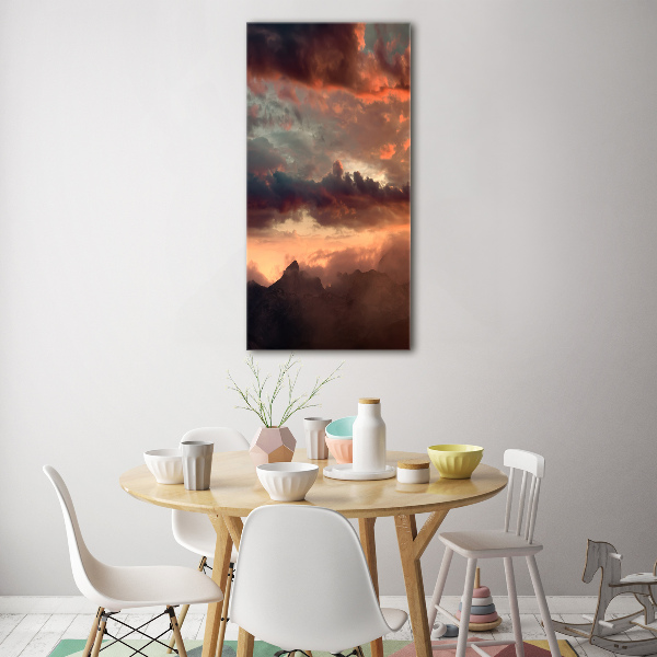 Cuadro decorativo en cristal con canto pulido vertical Puesta de sol sobre las montañas