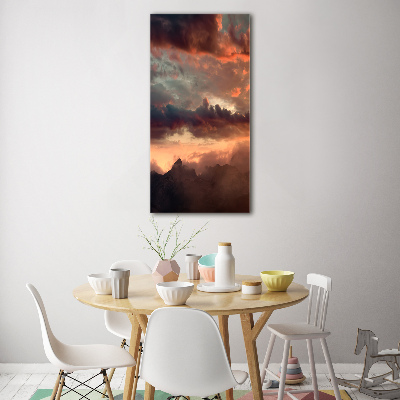 Cuadro decorativo en cristal con canto pulido vertical Puesta de sol sobre las montañas