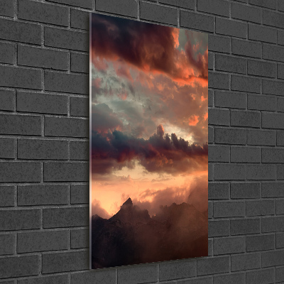 Cuadro decorativo en cristal con canto pulido vertical Puesta de sol sobre las montañas