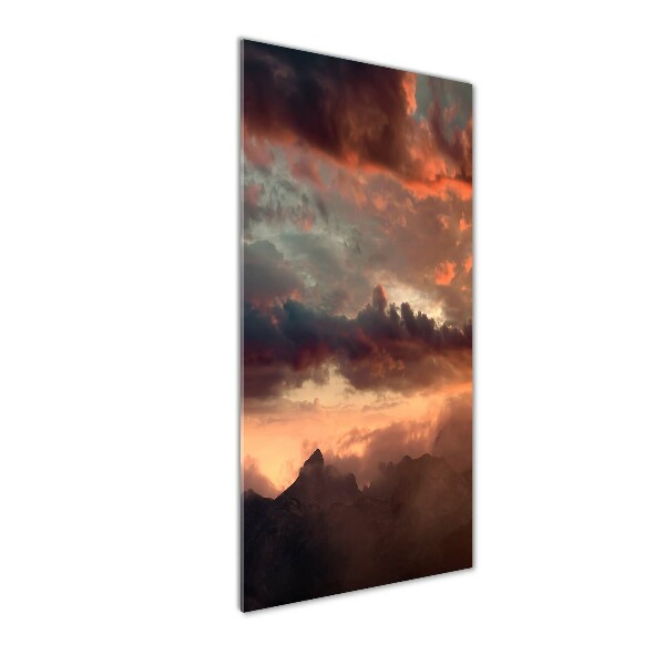 Cuadro decorativo en cristal con canto pulido vertical Puesta de sol sobre las montañas