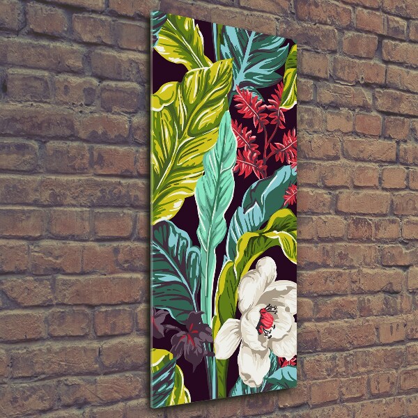 Cuadro de cristal moderno efecto brillo vertical flores tropicales