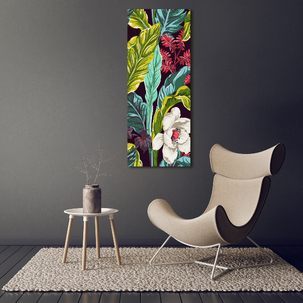 Cuadro de cristal moderno efecto brillo vertical flores tropicales