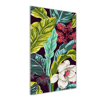 Cuadro de cristal moderno efecto brillo vertical flores tropicales