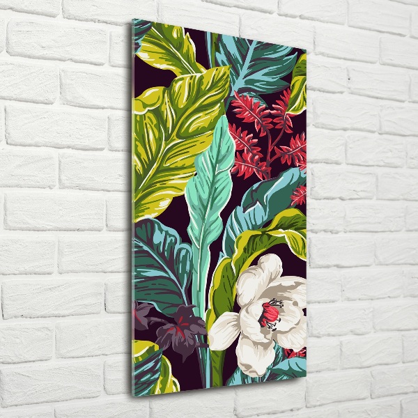 Cuadro de cristal moderno efecto brillo vertical flores tropicales