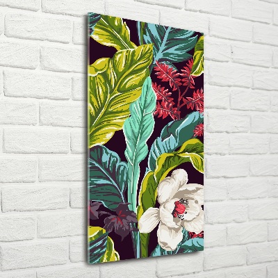 Cuadro de cristal moderno efecto brillo vertical flores tropicales
