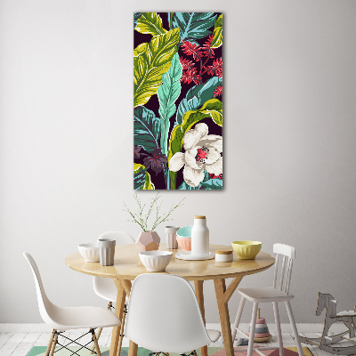 Cuadro de cristal moderno efecto brillo vertical flores tropicales