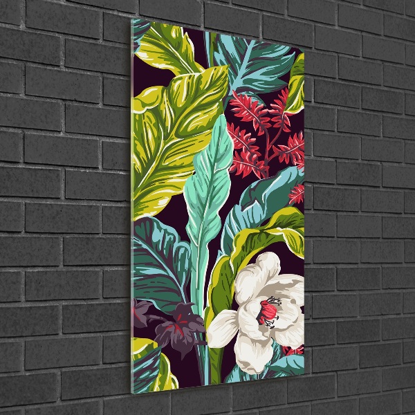 Cuadro de cristal moderno efecto brillo vertical flores tropicales