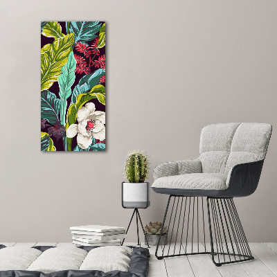 Cuadro de cristal moderno efecto brillo vertical flores tropicales