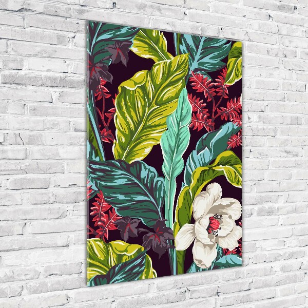 Cuadro de cristal moderno efecto brillo vertical flores tropicales