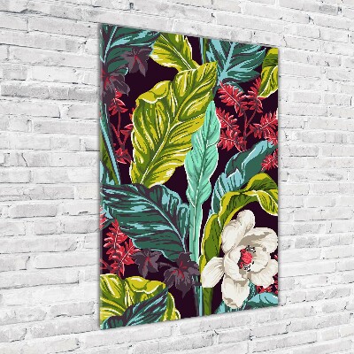 Cuadro de cristal moderno efecto brillo vertical flores tropicales