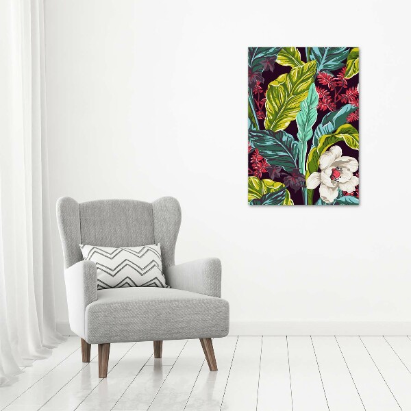 Cuadro de cristal moderno efecto brillo vertical flores tropicales