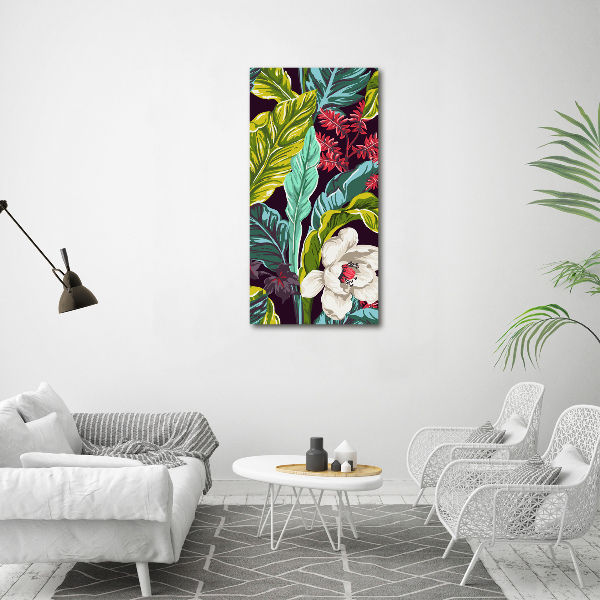Cuadro de cristal moderno efecto brillo vertical flores tropicales
