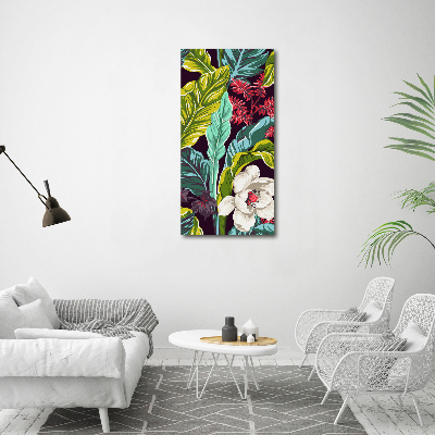Cuadro de cristal moderno efecto brillo vertical flores tropicales