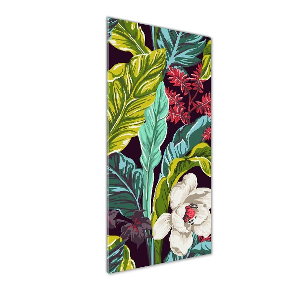 Cuadro de cristal moderno efecto brillo vertical flores tropicales