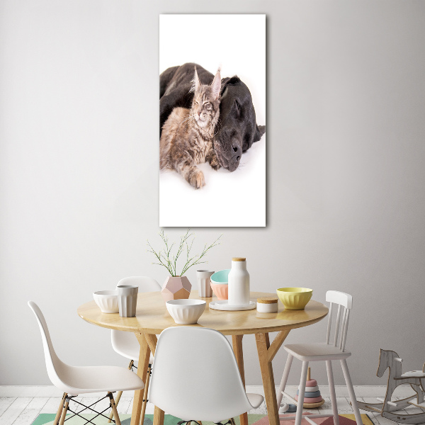 Cuadro decorativo en cristal con canto pulido vertical Perro y gato