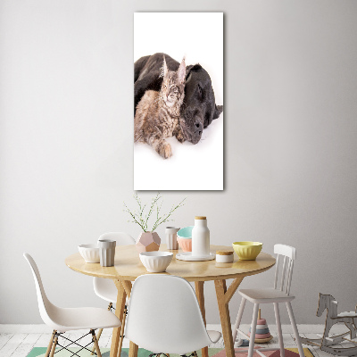Cuadro decorativo en cristal con canto pulido vertical Perro y gato