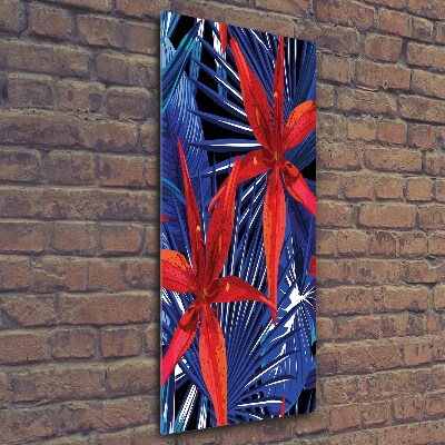 Cuadro decorativo en cristal con canto pulido vertical flores tropicales
