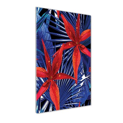 Cuadro decorativo en cristal con canto pulido vertical flores tropicales